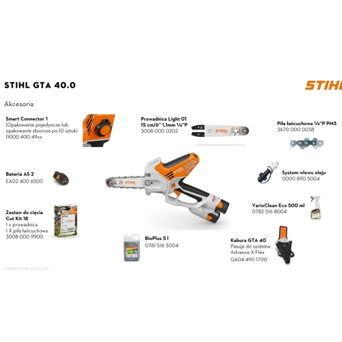 Mini pilarka STIHL GTA 40 - zestaw z praktycznym etui, baterią, ładowarką i olejem do prowadnicy